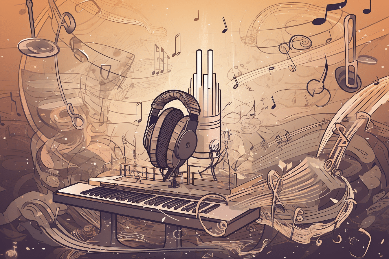 Illustration of a piano, headphones, and musical notes, symbolizing jingle creation and marketing strategies for enhancing brand identity and audience engagement.