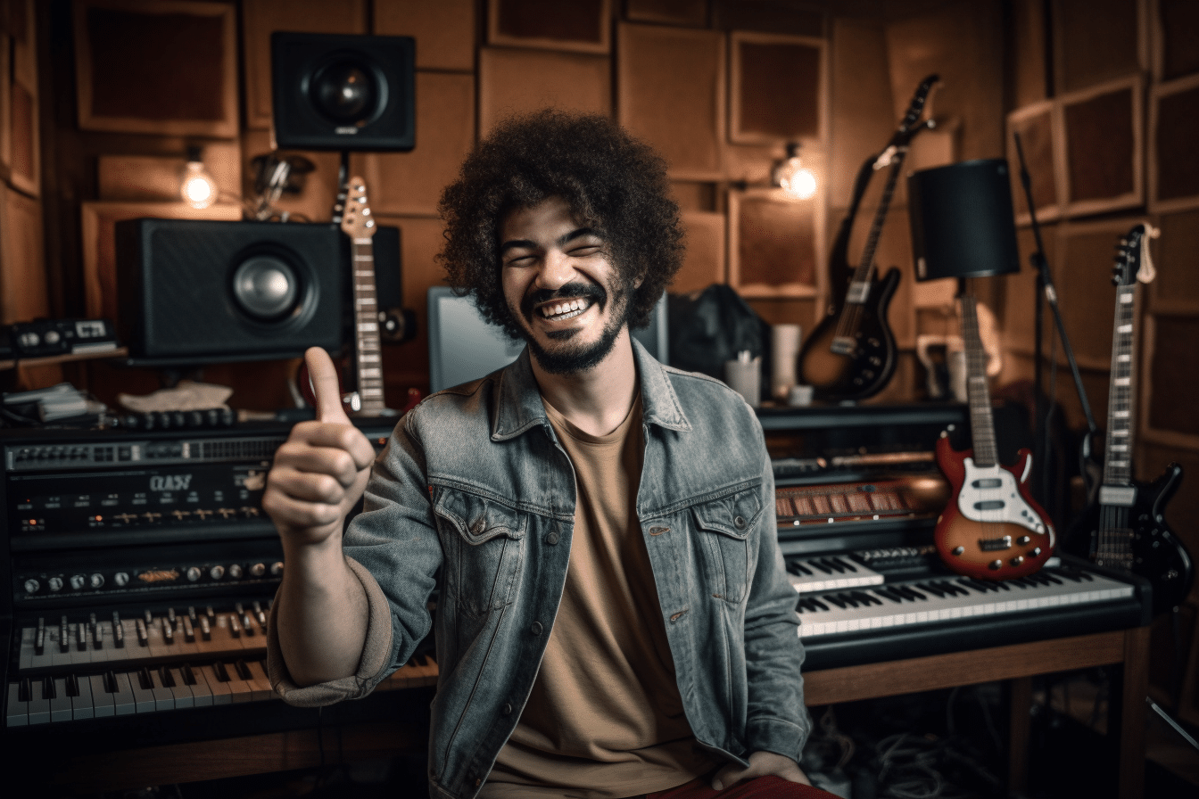 Smiling musician giving a thumbs up in a recording studio with musical instruments and equipment, emphasizing the benefits of using licensed music for custom jingles.