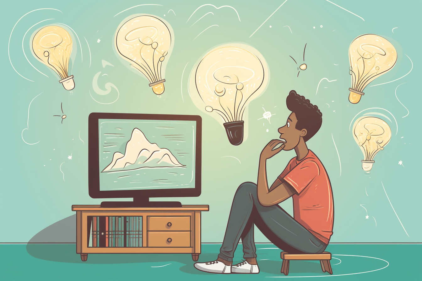 Person sitting on a stool in front of a television displaying a mountain scene, with lightbulbs floating around, symbolizing creativity and inspiration related to catchy jingles in advertising.