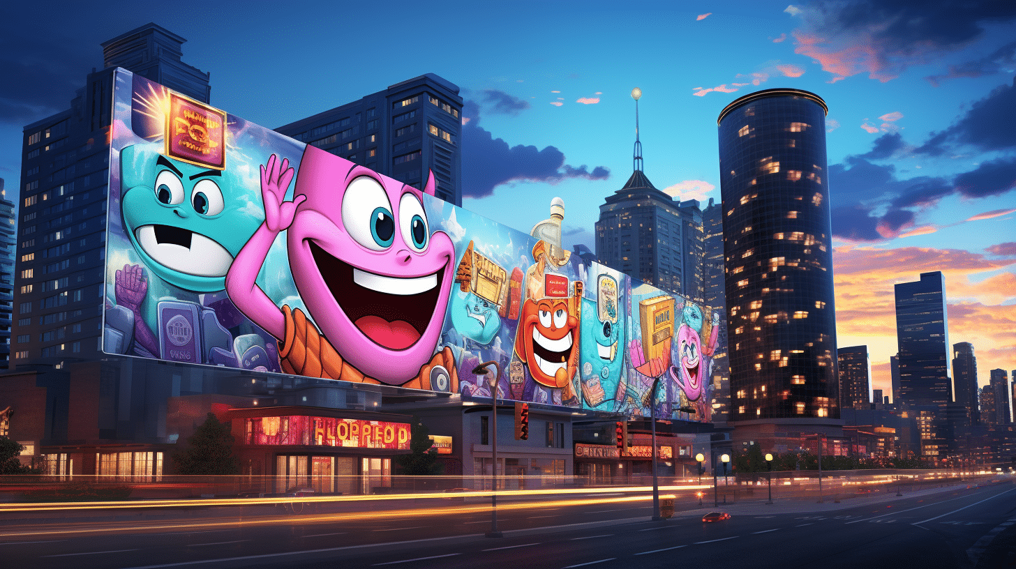 Colorful animated characters on a large billboard in a cityscape, showcasing vibrant branding elements associated with catchy jingles and advertising effectiveness.