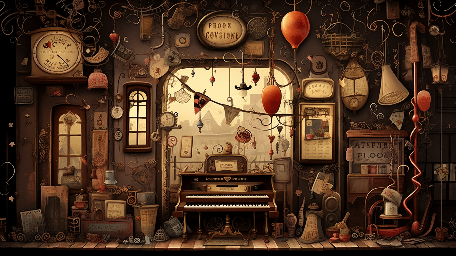 Small Business Promo Jingle Decorative storefront filled with vintage items, including a grand piano, clocks, balloons, and whimsical decor, evoking a creative atmosphere for small business promotional jingles.