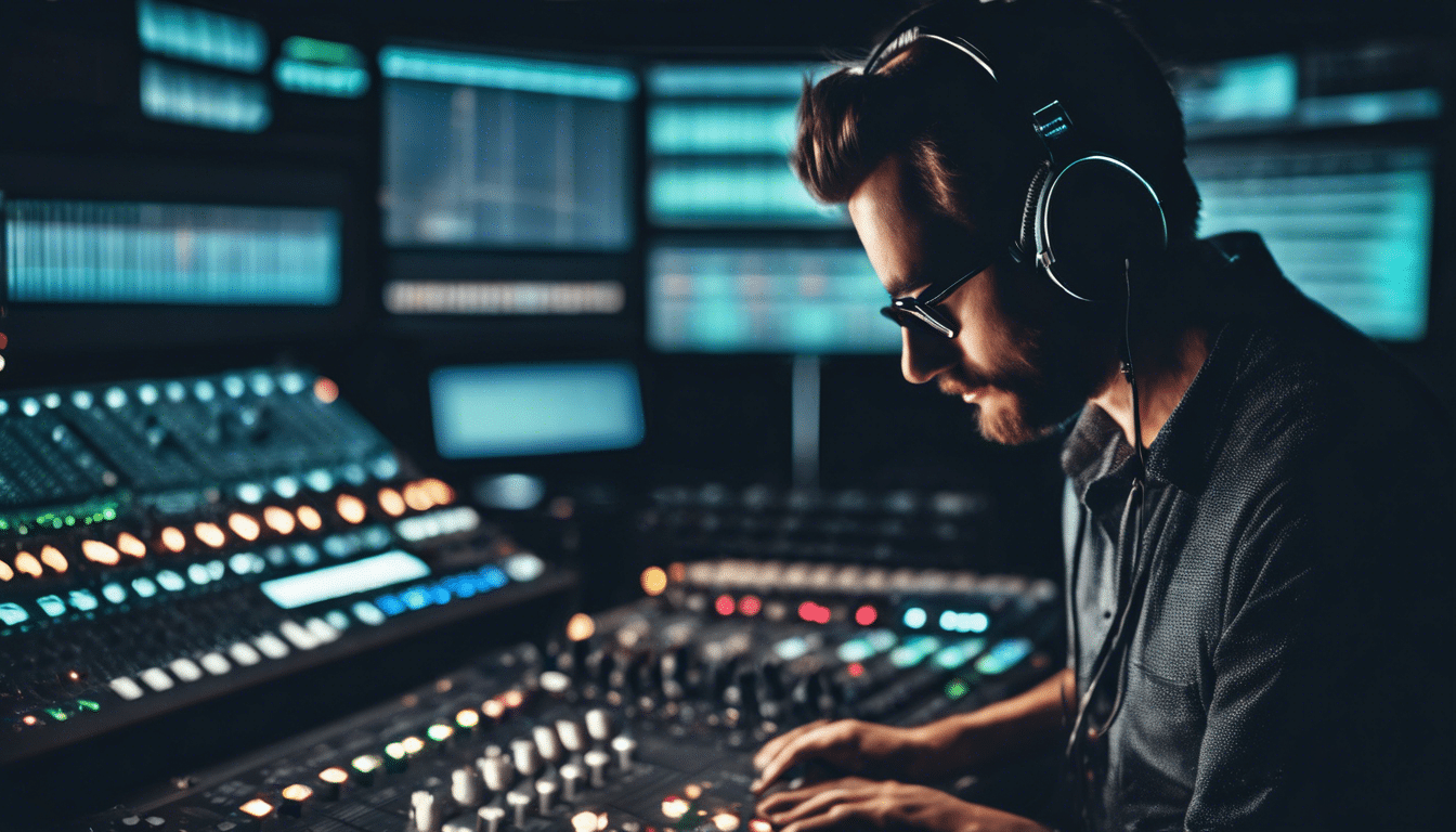 Sound engineer working at a mixing table, focused on audio production, with visual sound displays in the background, relevant to audio branding and jingles.