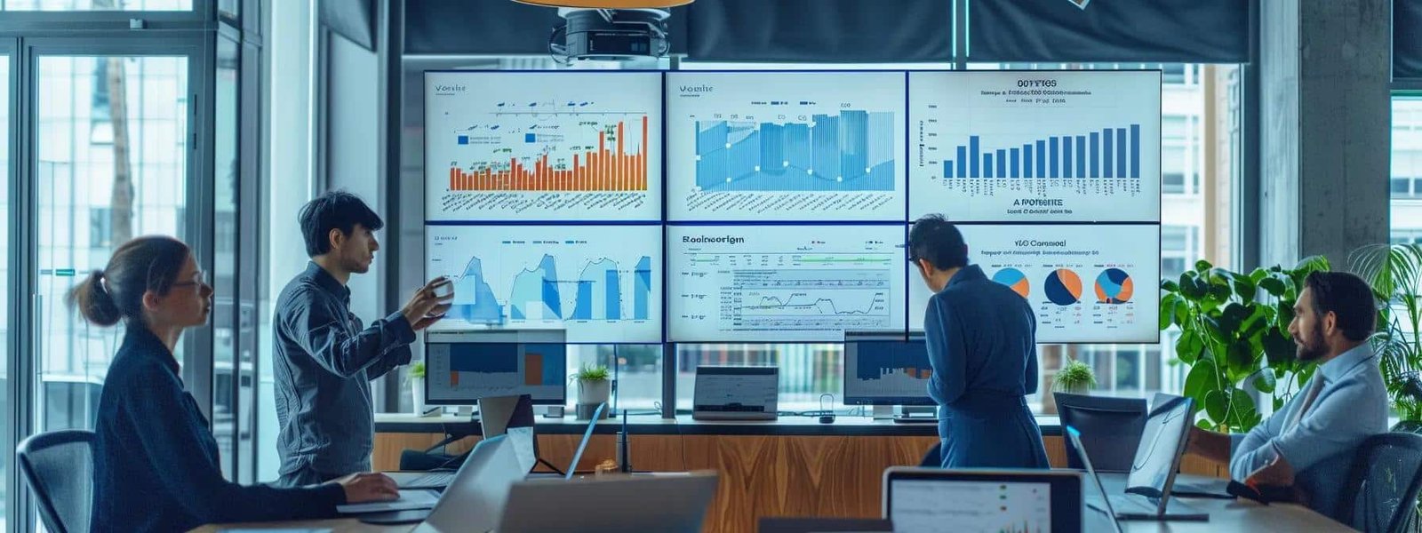 a modern office setting features a team of professionals analyzing colorful graphs and metrics displayed on large screens, showcasing insights from jingle marketing campaigns and their impact on brand recognition and sales.