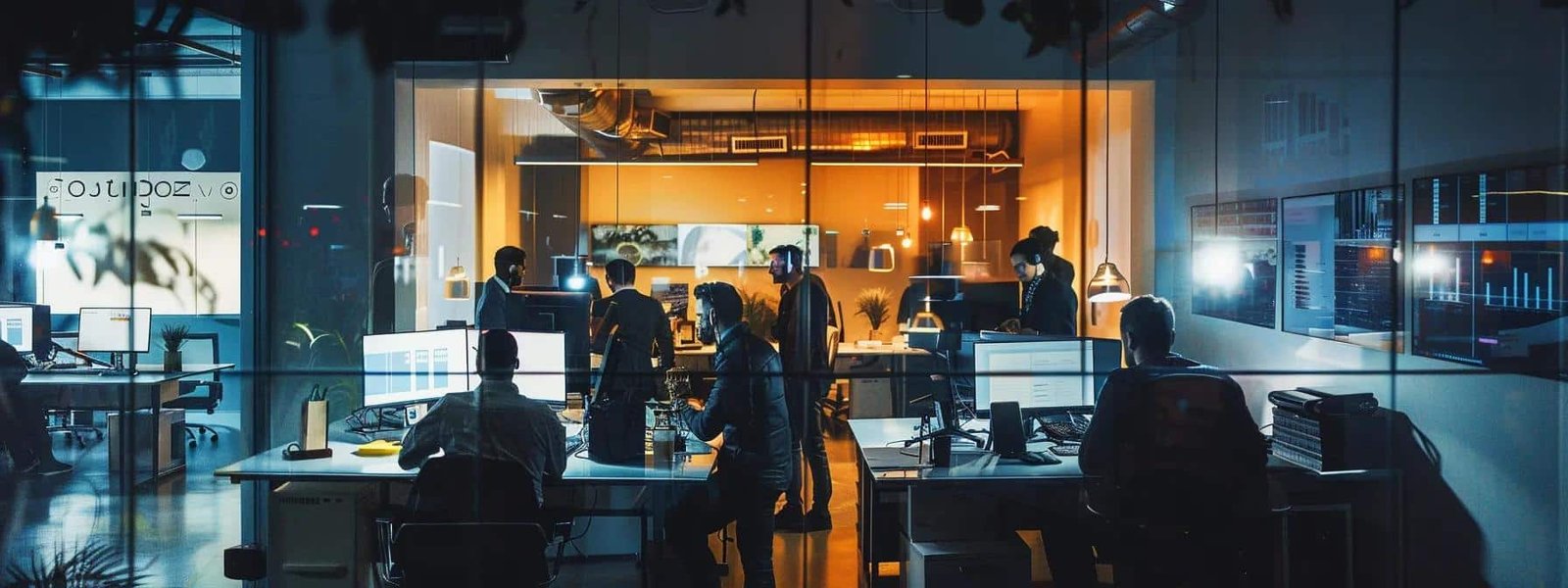 a vibrant office environment showcases a dynamic audio branding workshop, featuring professionals engaged in brainstorming sessions around sound design concepts, illuminated by modern lighting that emphasizes their focused expressions and the innovative atmosphere.