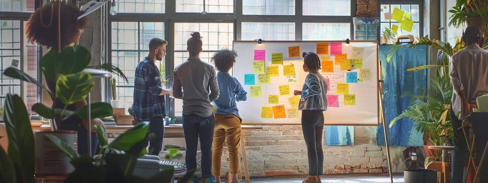 a vibrant urban studio filled with creative individuals brainstorming around a whiteboard, buzzing with colorful sticky notes and music notes, symbolizing the collaborative process of crafting a catchy jingle that resonates with consumers.