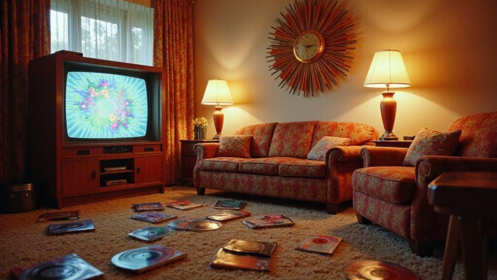 1970s living room with vintage television displaying colorful visuals, surrounded by vinyl records on the carpet, reflecting the cultural significance of TV jingles in advertising.