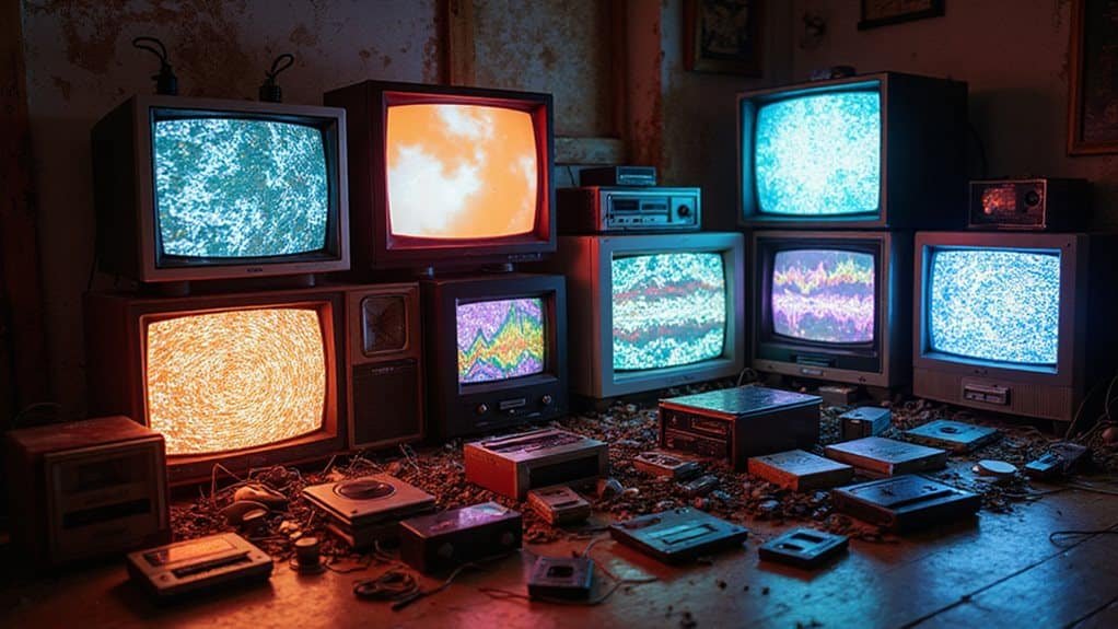 Collection of vintage televisions displaying static and colorful patterns, surrounded by audio equipment and clutter, representing the evolution of media technology in TV jingles.