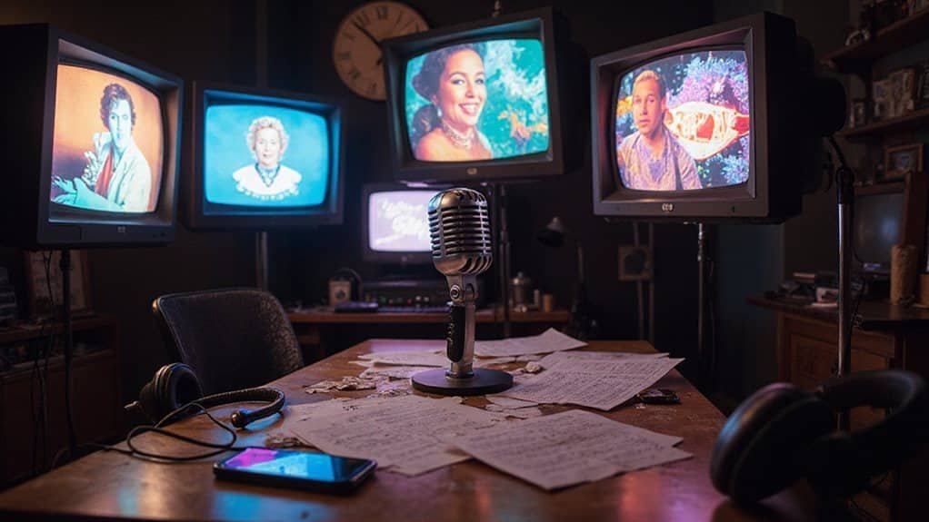 Vintage television monitors displaying iconic figures, a central microphone on a cluttered desk with music sheets, headphones, and a smartphone, reflecting the evolution of jingles in advertising and cultural exchange.