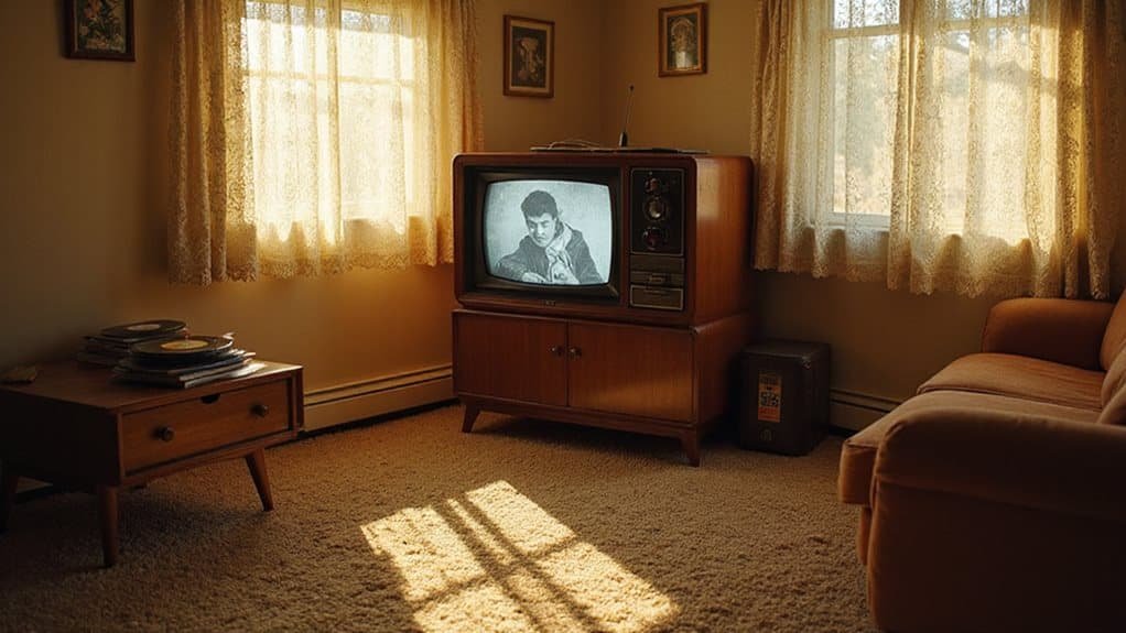 Vintage living room with a wooden television displaying a black-and-white image, sunlight filtering through lace curtains, evoking nostalgia for 1950s and 1960s TV jingles and culture.