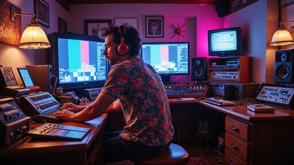 Man in floral shirt working in a modern music studio, surrounded by audio equipment and multiple screens displaying sound editing software, reflecting the evolution of jingle production in advertising.