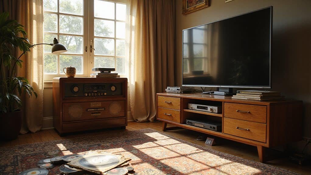 Vintage living room with a record player and modern television, highlighting the evolution of media from radio to TV advertising, featuring warm lighting and a nostalgic ambiance.