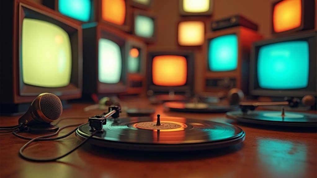 Vintage microphones and vinyl records on a wooden surface, surrounded by retro television sets displaying colorful screens, symbolizing the nostalgic connection between jingles and cultural memory in advertising.