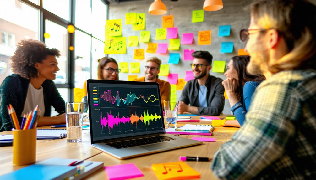 Group of diverse individuals collaborating in a creative workspace, discussing jingle effectiveness metrics displayed on a laptop screen with colorful sound wave visuals, surrounded by vibrant sticky notes.