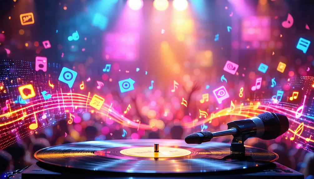 Colorful music notes and sound icons floating above a vinyl record and microphone, symbolizing the emotional impact of music in advertising and brand engagement.