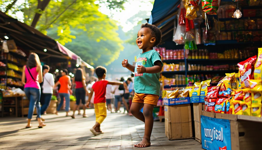 Child joyfully running through a vibrant market, surrounded by colorful snack displays and shoppers, illustrating the lively atmosphere of a bustling commercial environment.