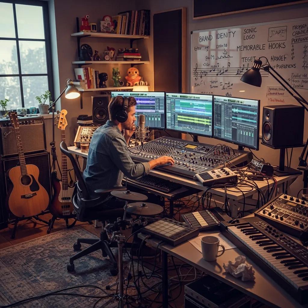 Composer creating a custom jingle in a vibrant studio, highlighting the role of tailored audio in marketing