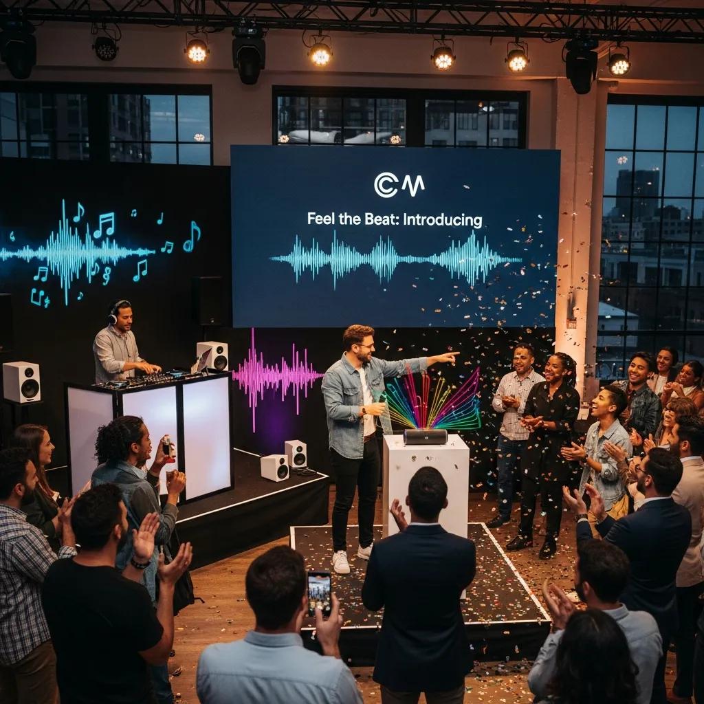 Group of people celebrating a product launch with music, highlighting the impact of jingles in marketing