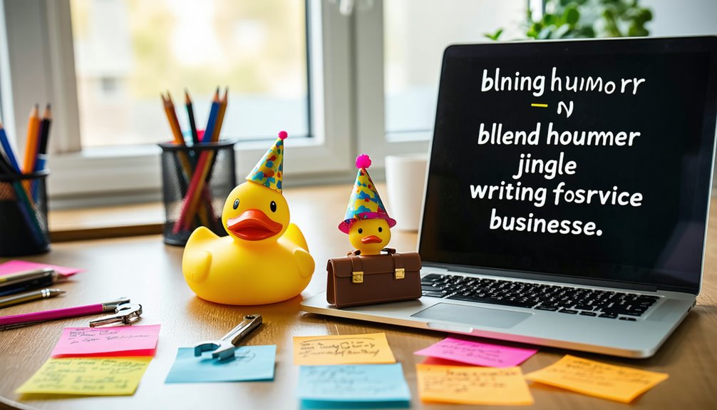 Desktop scene featuring a laptop displaying text about blending humor in jingle writing for service businesses, with two party-hat-wearing rubber ducks and colorful sticky notes, symbolizing creativity and engagement in branding.