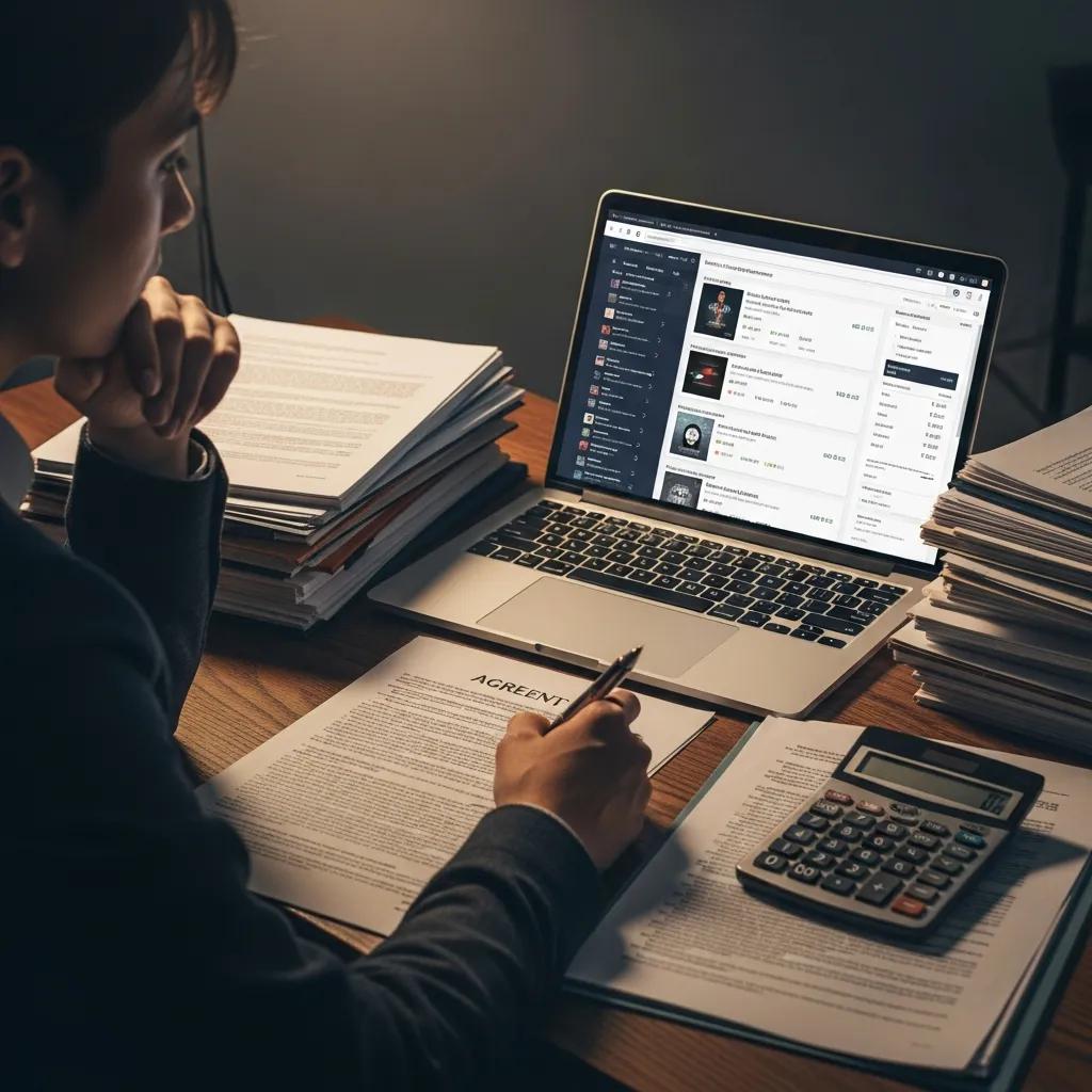 Individual reviewing stock music licensing agreements and options on a laptop