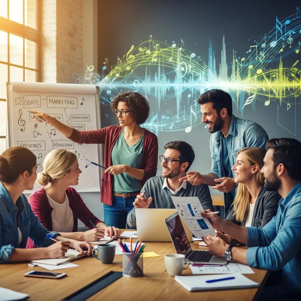 Marketers collaborating on jingle strategies with musical elements in the background