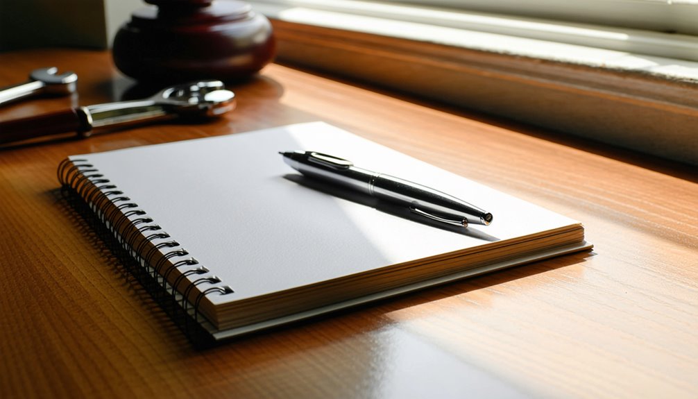 Notebook and pen on a wooden desk with a gavel in the background, symbolizing legal services and creative brainstorming for jingles.