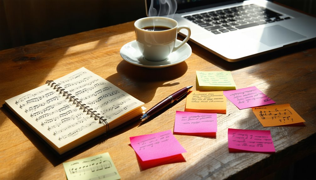 Notebook with sheet music, colorful sticky notes with jingle ideas, pen, and coffee cup on wooden table, symbolizing creativity in jingle writing for enhancing brand recall.