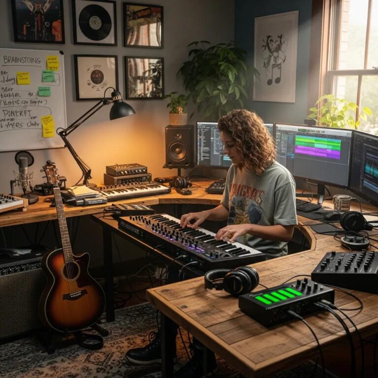 Musician composing a jingle in a creative workspace with instruments and sound equipment