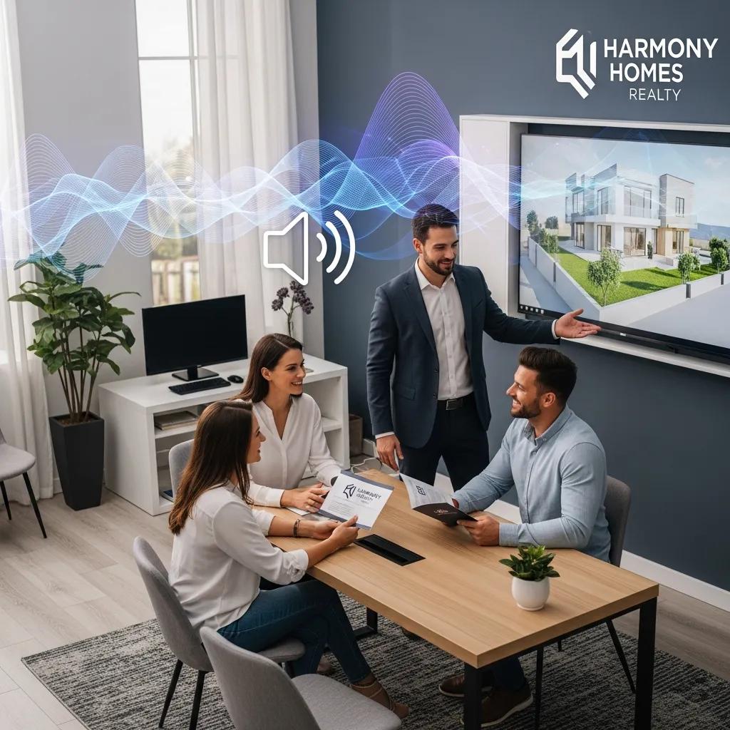 Real estate agent engaging with clients, symbolizing audio branding in a modern office