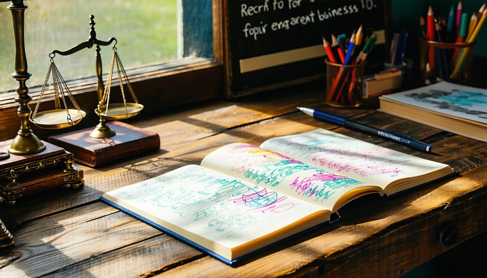 Open notebook with colorful notes on a wooden desk, balanced scales in the background, emphasizing creativity and structure for jingle writing in service businesses.