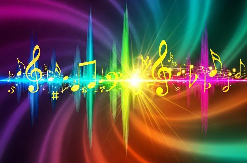 Colorful sound wave with musical notes representing audio branding and sonic identity for effective brand voice.
