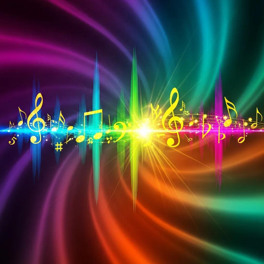 Colorful sound wave graphic with musical notes, representing audio branding concepts and brand voice identity.