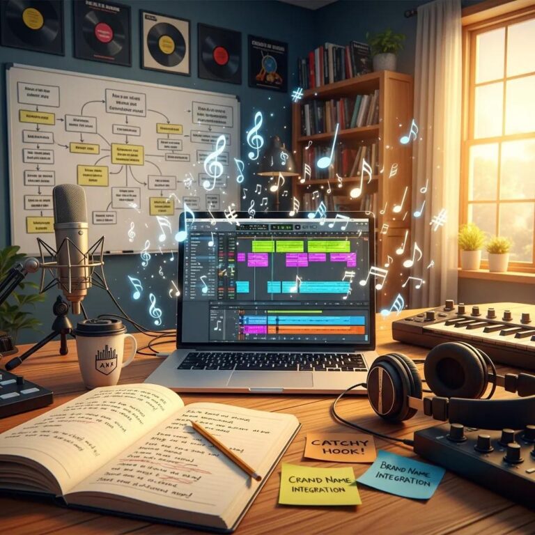 Creative workspace with a composer working on a jingle, highlighting the theme of jingle usage rights and licensing