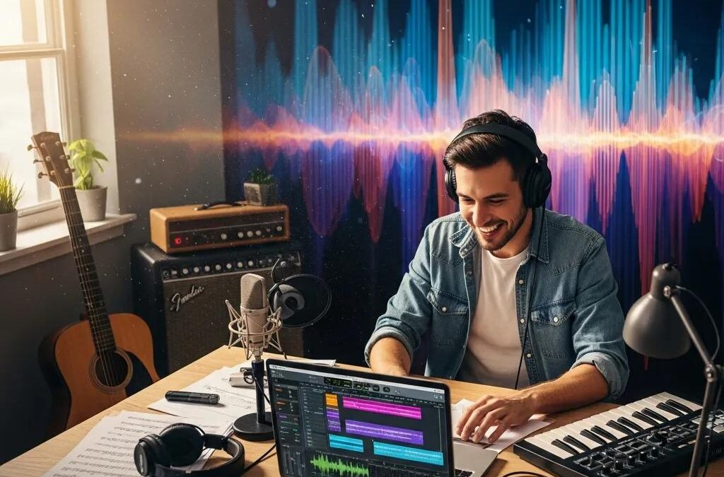 Musician composing a jingle in a creative workspace with instruments, music software, and sound wave visualization, reflecting the jingle writing services offered by The Jingle Writer.