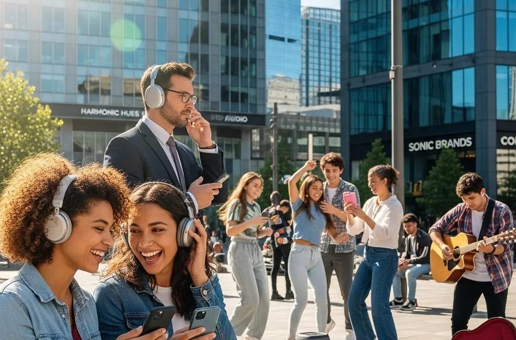 Diverse individuals enjoying audio experiences with headphones and smart devices in an urban setting, highlighting engagement with music and technology.