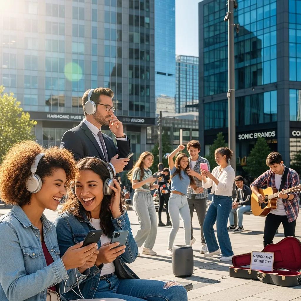 Diverse individuals enjoying audio experiences with headphones and smart devices in an urban environment