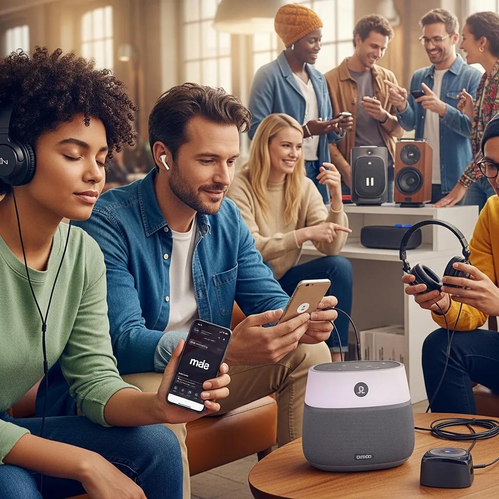 Diverse individuals engaging with audio experiences using headphones and smartphones, illustrating multi-platform audio branding concepts for unified brand sound strategies.