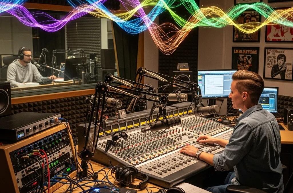Sound engineer mixing audio in a radio studio with colorful sound waves, creating custom jingles for branding and listener engagement.