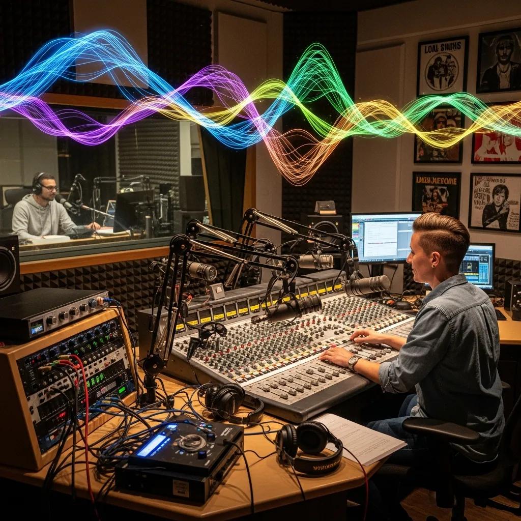 Sound engineer mixing audio in a radio station studio, surrounded by equipment and colorful sound wave graphics, emphasizing custom jingle creation for branding and listener engagement.