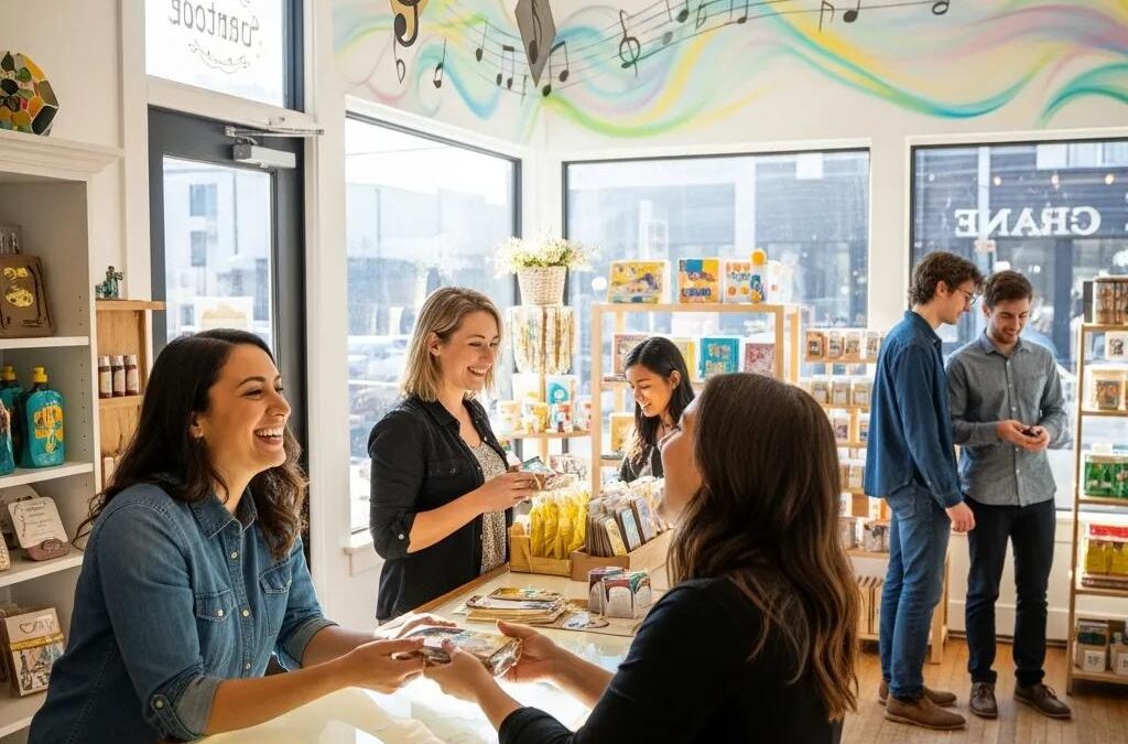 Small business owner engaging with customers in a vibrant retail space, highlighting the positive impact of custom jingles on brand recognition and customer interaction.