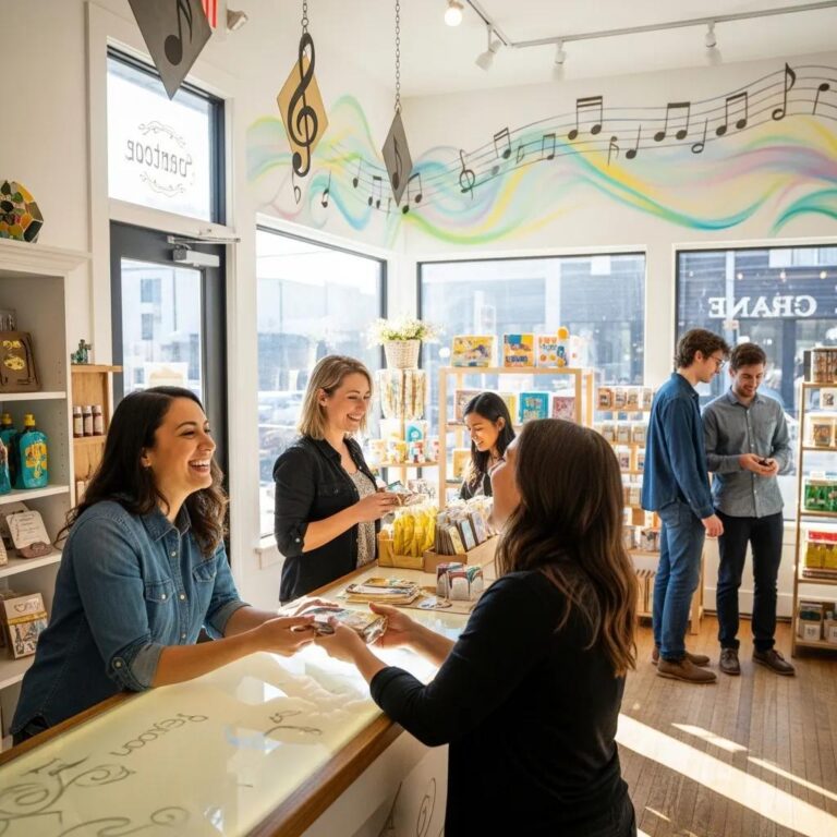 Small business owner engaging with customers, representing the impact of custom jingles on brand recognition
