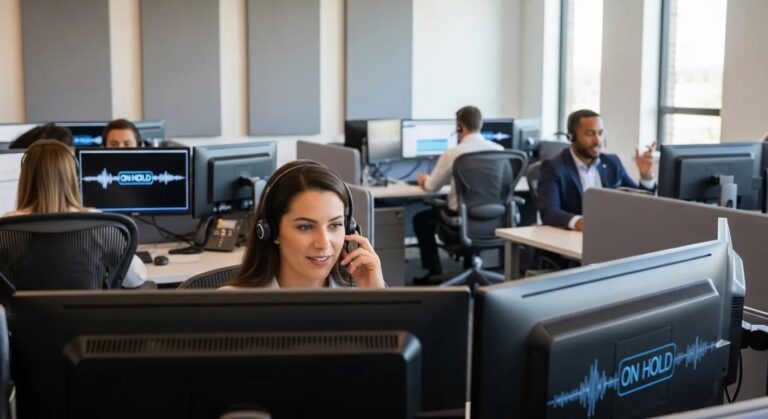 Professional call center environment showcasing employees engaged in on-hold messaging technology