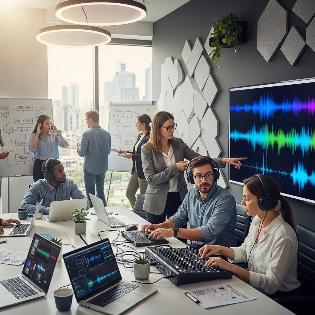 Corporate professionals collaborating on audio branding strategies in a modern office setting
