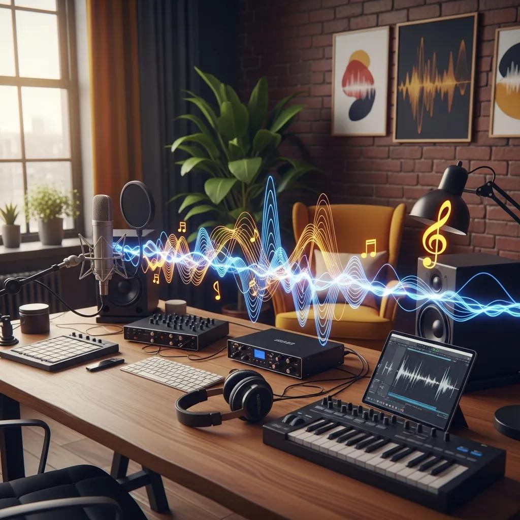 Creative workspace showcasing audio branding tools and sound elements