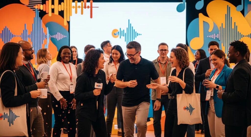 Diverse group enjoying a lively branding event, symbolizing the emotional connection of jingles in marketing