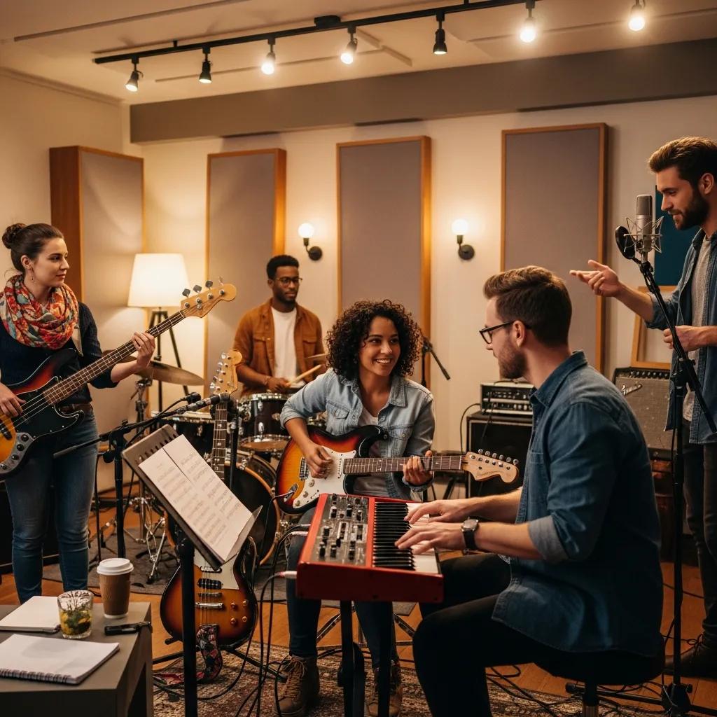 Musicians collaborating in a studio, showcasing creativity in composing catchy melodies