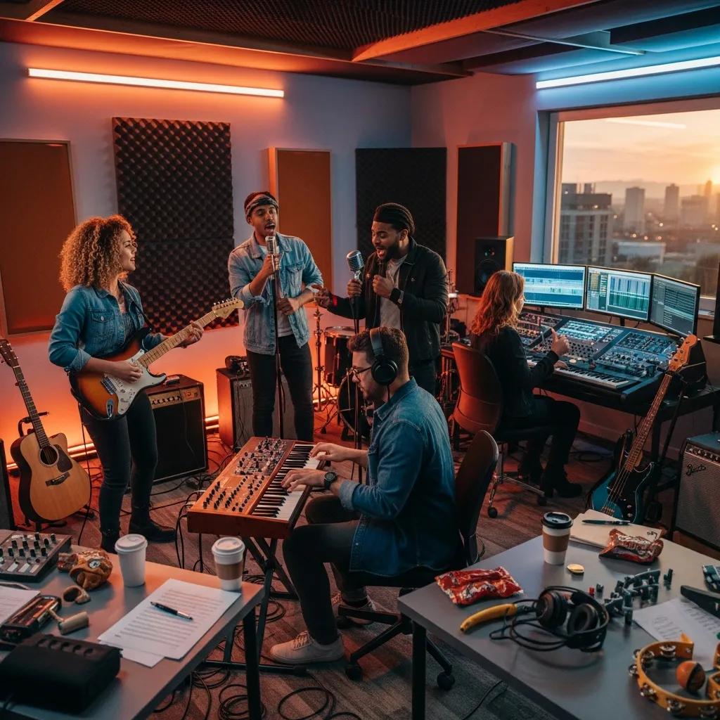 Musicians collaborating in a vibrant studio, creating jingles and theme music, showcasing creativity and teamwork