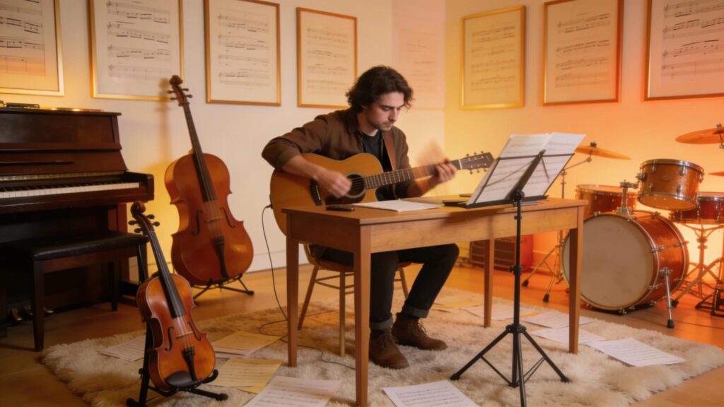 Musician composing catchy melodies in a cozy studio, surrounded by instruments and sheet music