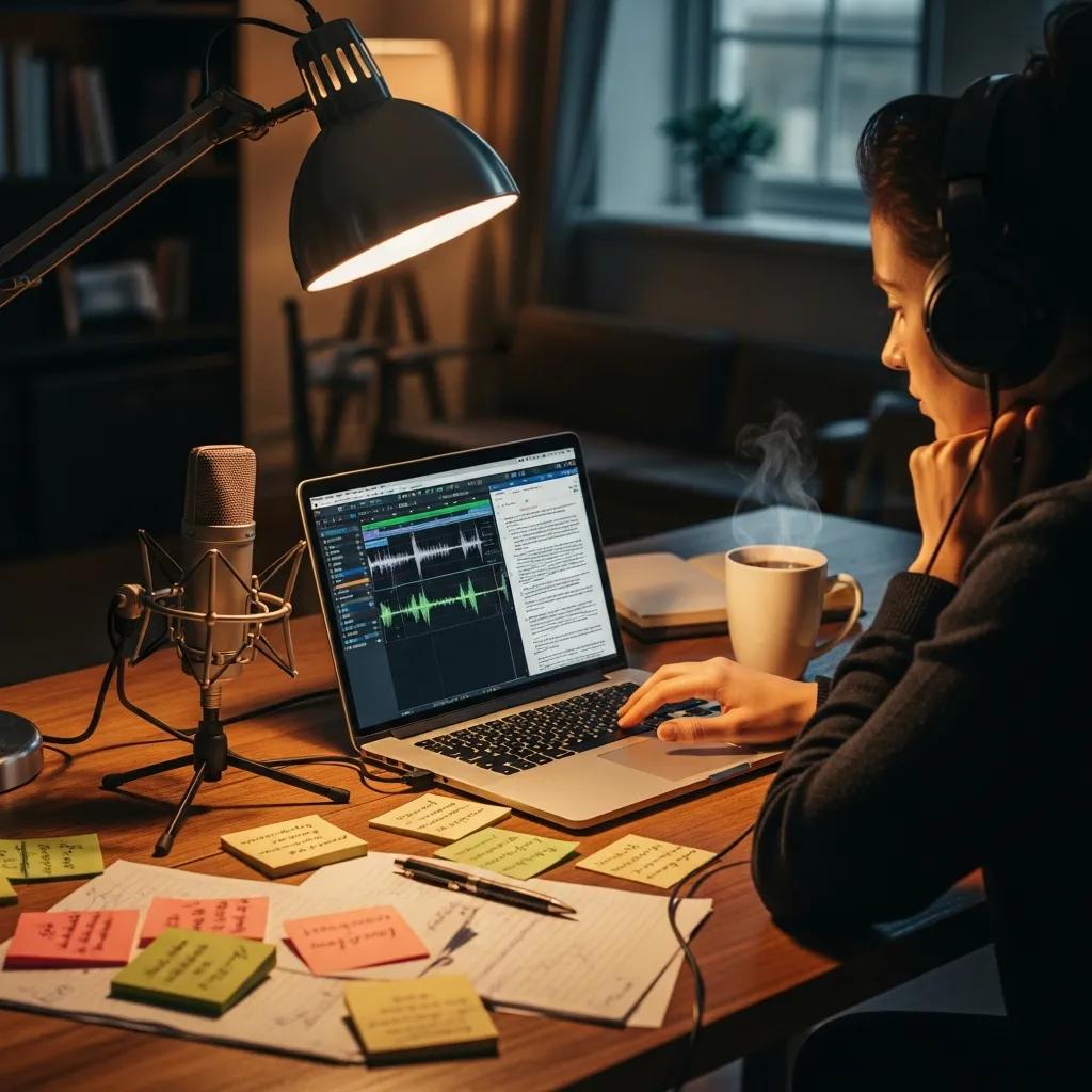 Person transcribing audio content with a laptop and headphones in a cozy workspace